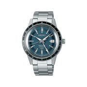 Quadrante blu vintage con finiture multiple, indici sfaccettati e lancette affilate con trattamento LumiBrite del Seiko Presage Style 60's